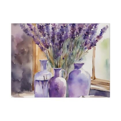 Lavender In Rustic Vase Watercolour Style Print On Canvas, Cottage Core Lavender Print, Lavender In A Vase On A Country Table,  Country Style Canvas Print