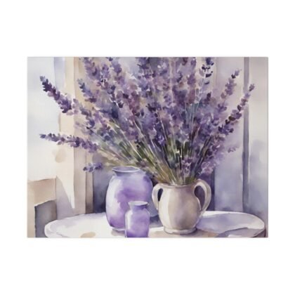 Lavender Watercolour Style Print On Canvas, Cottage Core Lavender Print, Lavender In A Vase On A Country Table,  Country Style Canvas Print